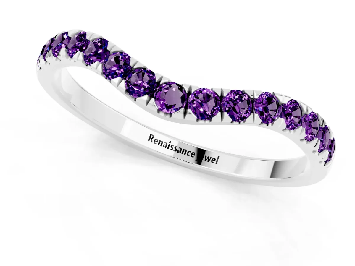 Curved Pavé Round Amethyst Wedding Band with Shared Prong Setting Silver