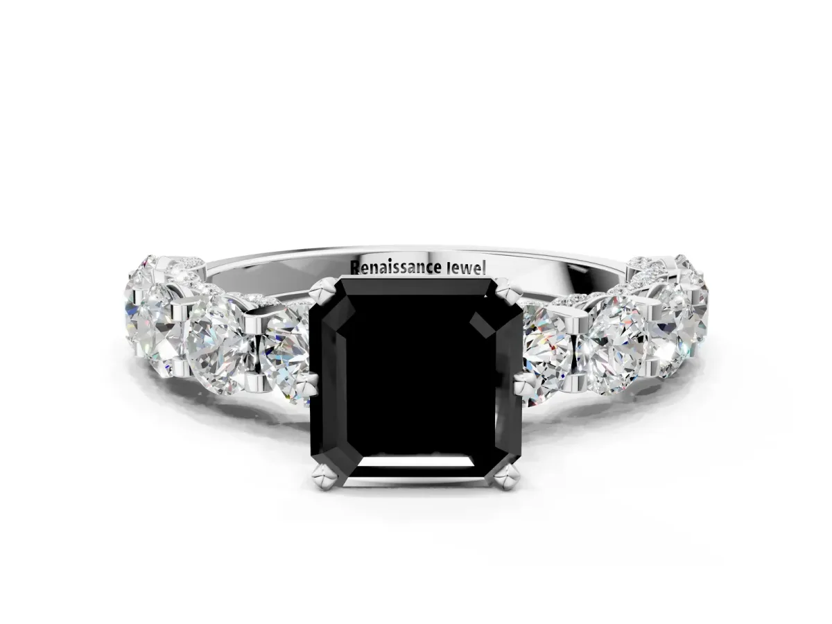 Fancy Black Asscher Cut Diamond Side Stone Engagement Ring with Four-Prong Setting Silver