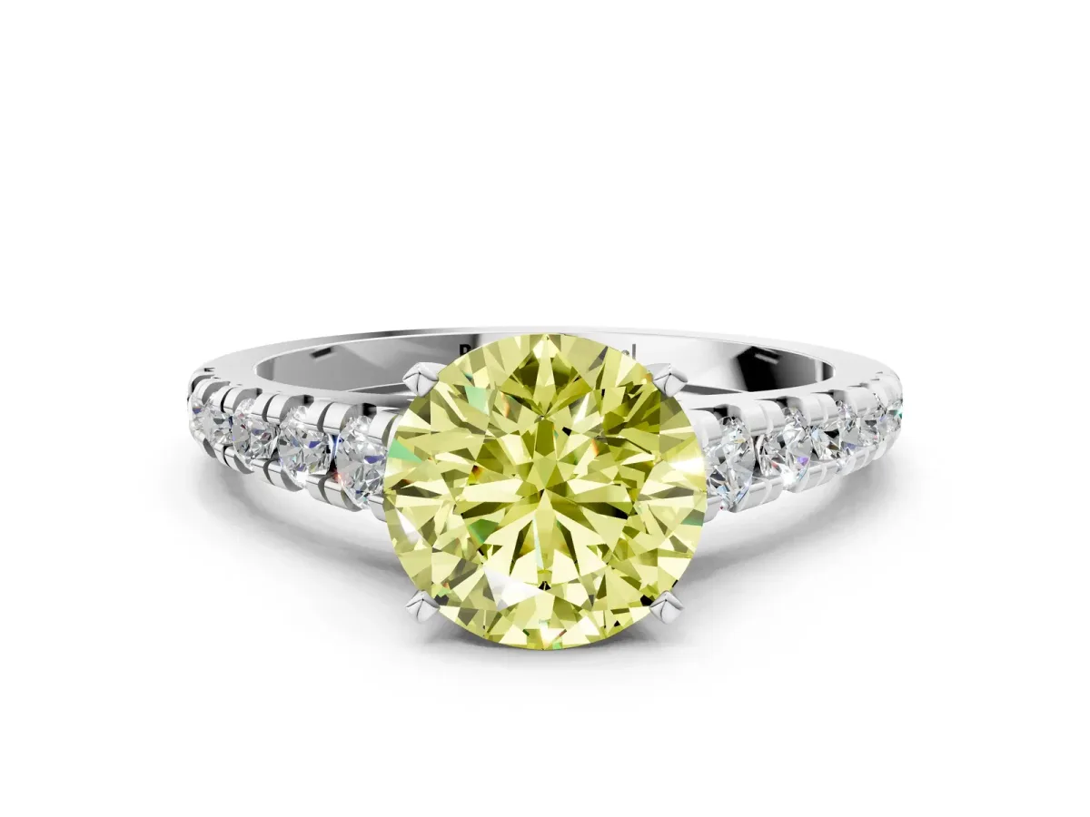 Fancy Yellow Round Cut Diamond Cathedral Solitaire Ring with Round Pavé Band Silver