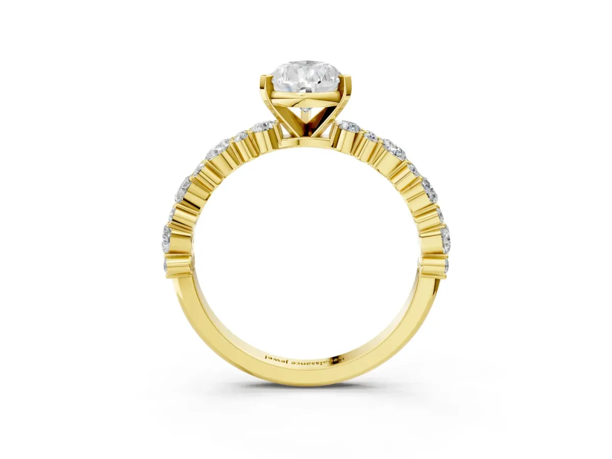 Pear Cut Diamond Side Stone Solitaire Ring with Round and Four-Prong Setting Yellow gold