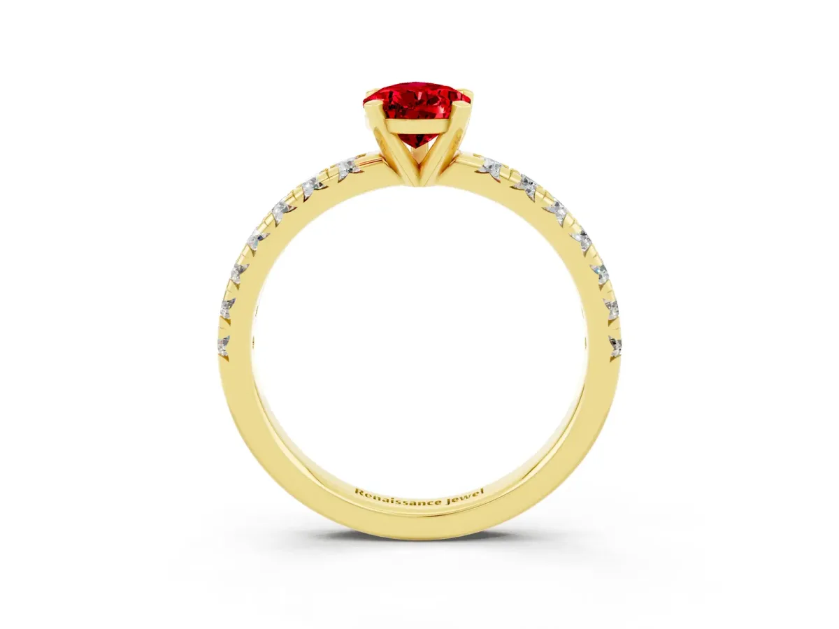Pear Cut Ruby Solitaire Pavé Engagement Ring with Round Band and Prong Setting Yellow gold