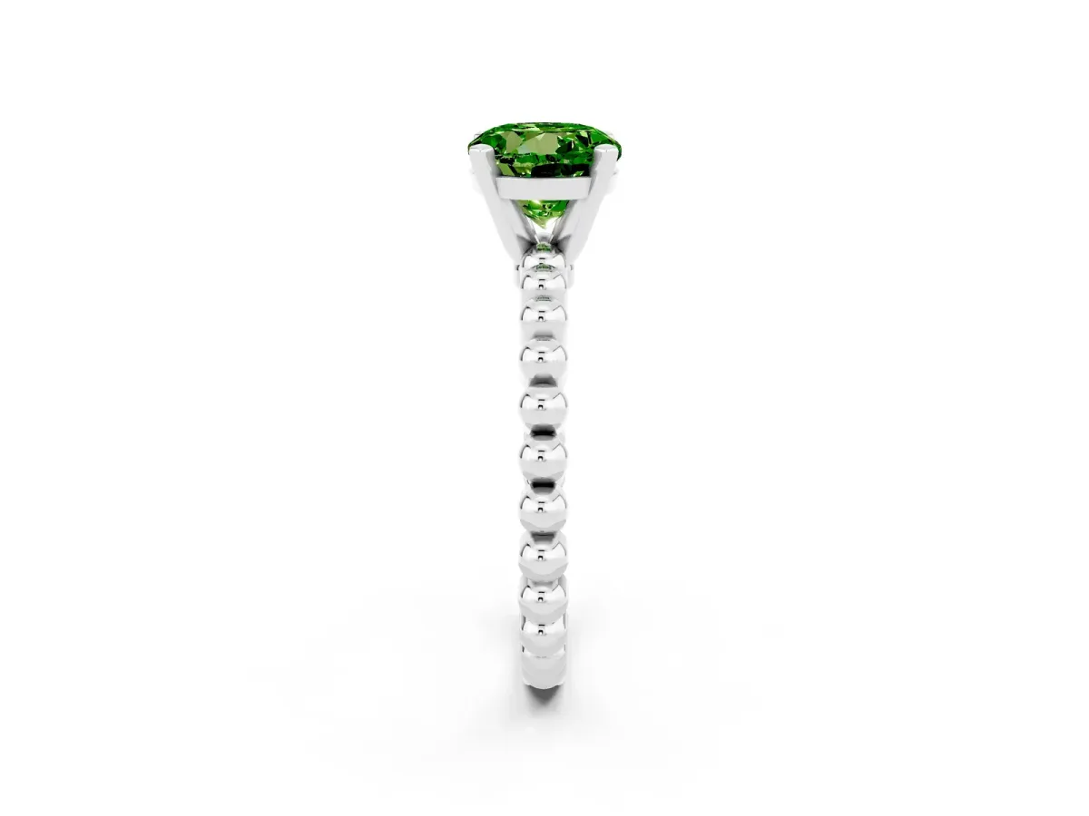 Round Cut Peridot Solitaire Ring with Beaded Band and Prong Setting Silver