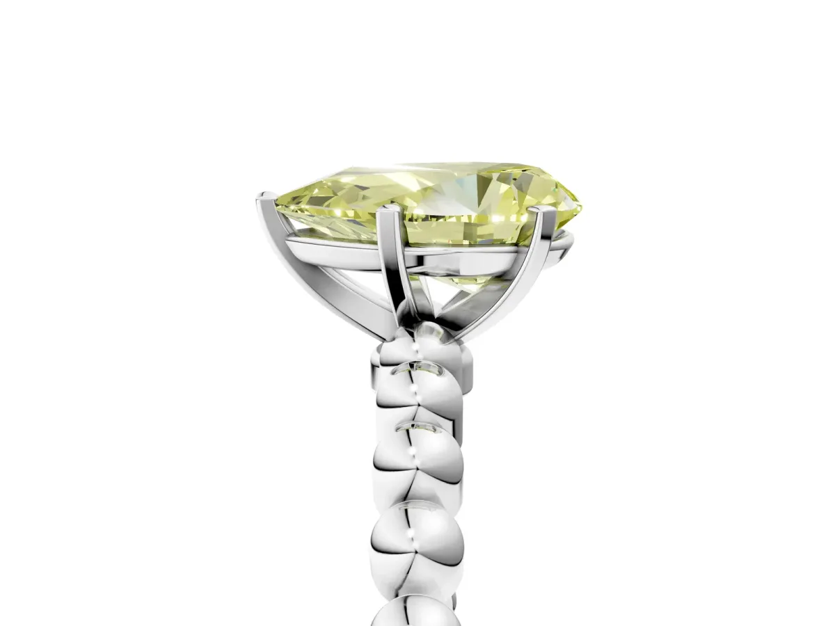 Fancy Yellow Pear Cut Diamond Solitaire Ring with Beaded Band and Prong Setting Silver