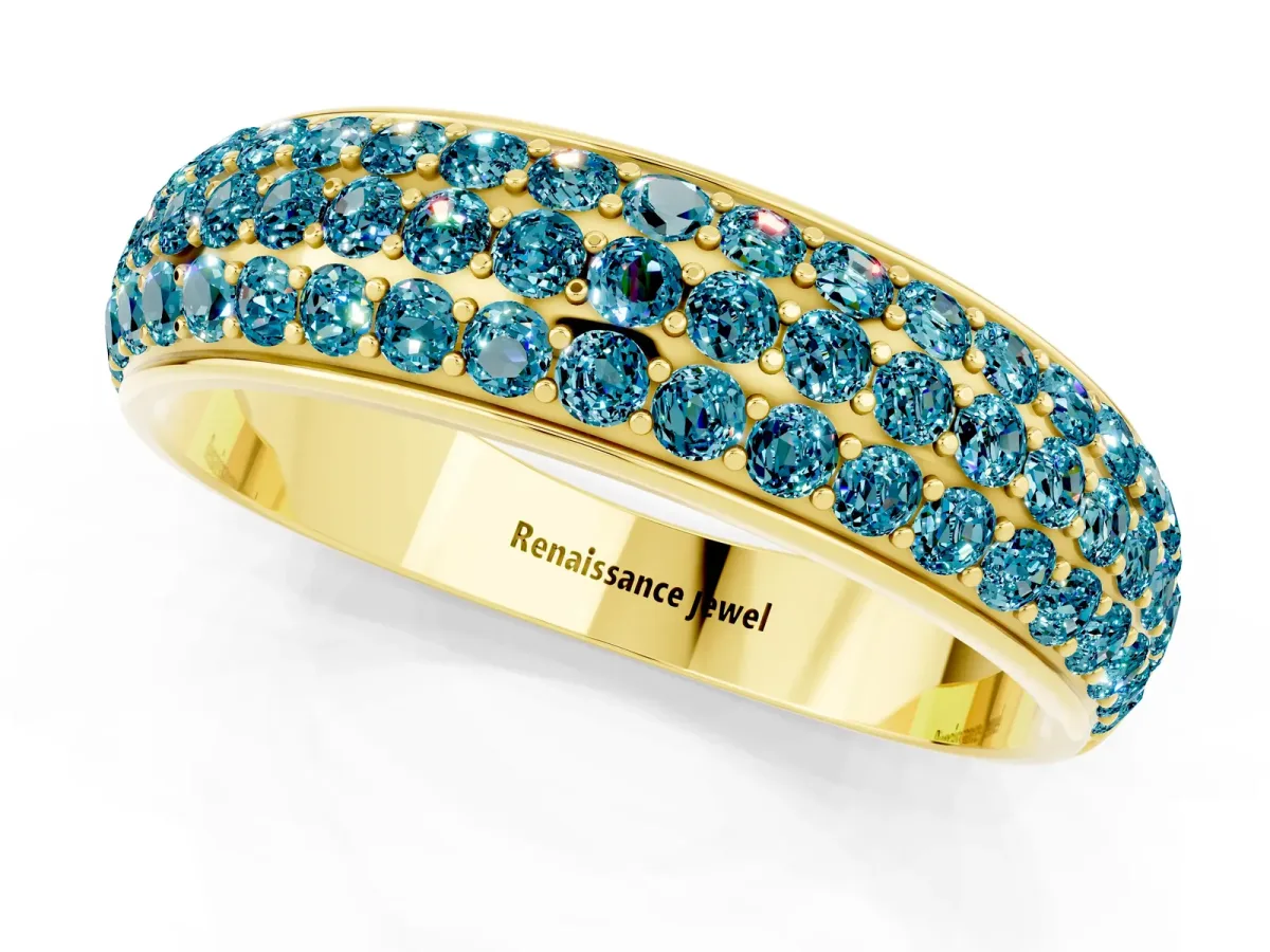 Three-Row Round Blue Topaz Eternity Band with Shared Prong Setting Yellow gold