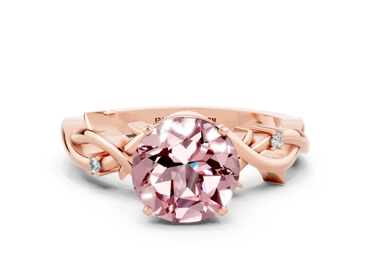 Round Cut Morganite Solitaire Ring with Twisted Band and Prong Setting Rose gold