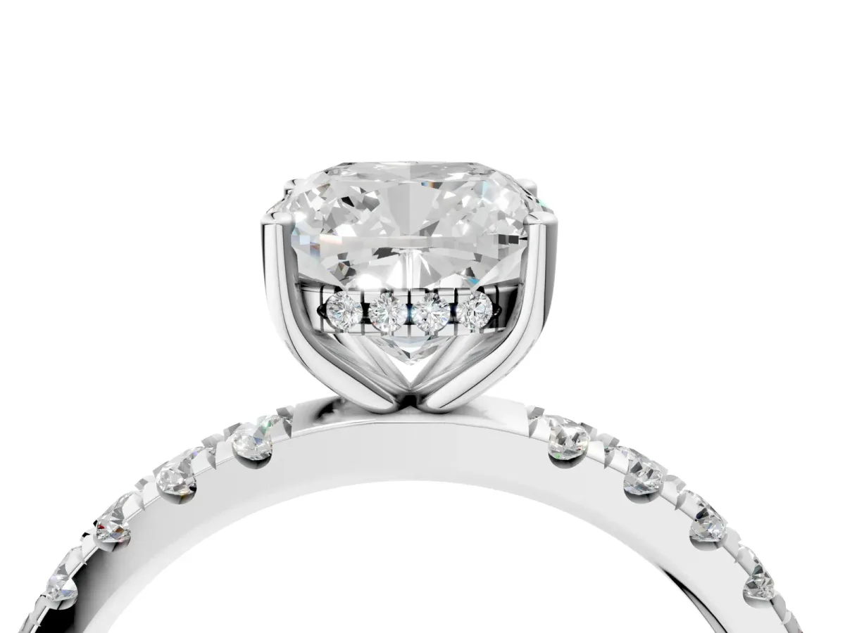 Cushion Cut Diamond Pave Band Solitaire Ring with Round and Prong Setting Platinum