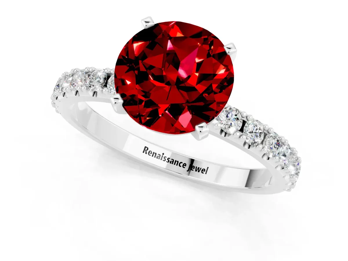 Round Cut Ruby Solitaire Pavé Band with Four-Prong Setting Platinum