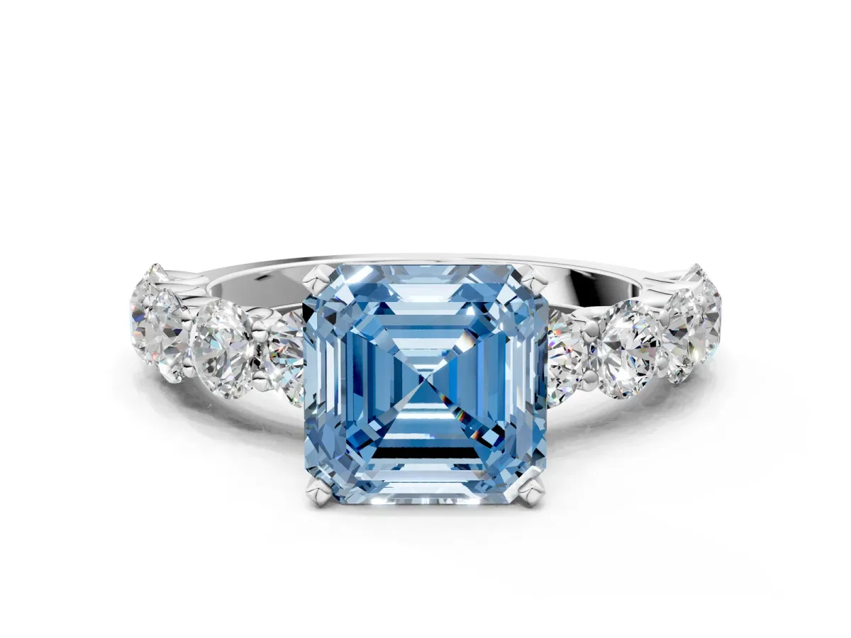 Fancy Blue Asscher Cut Diamond Prong Setting with Side Stones on a Pave Band Silver