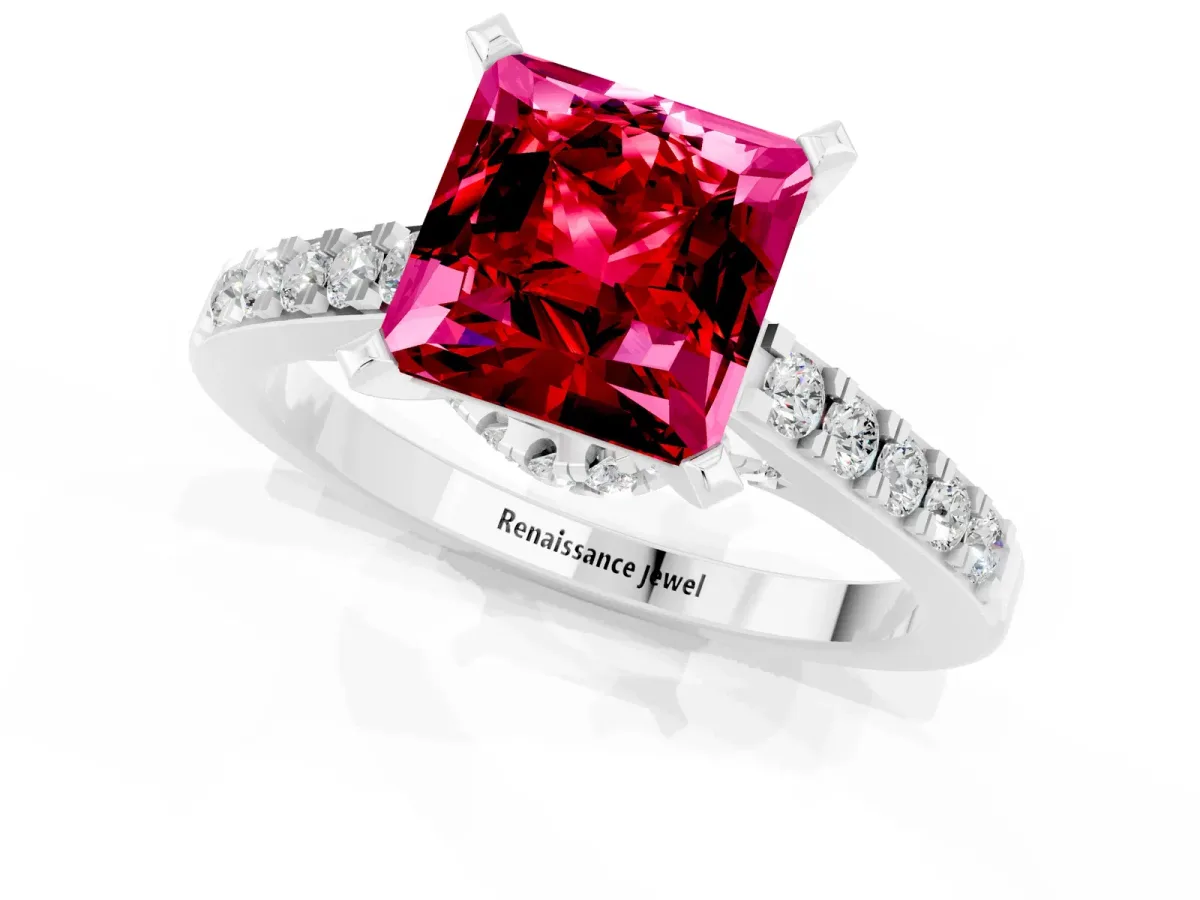 Princess Cut Ruby Solitaire Ring with Crossover Gallery and Round Pavé Band Silver