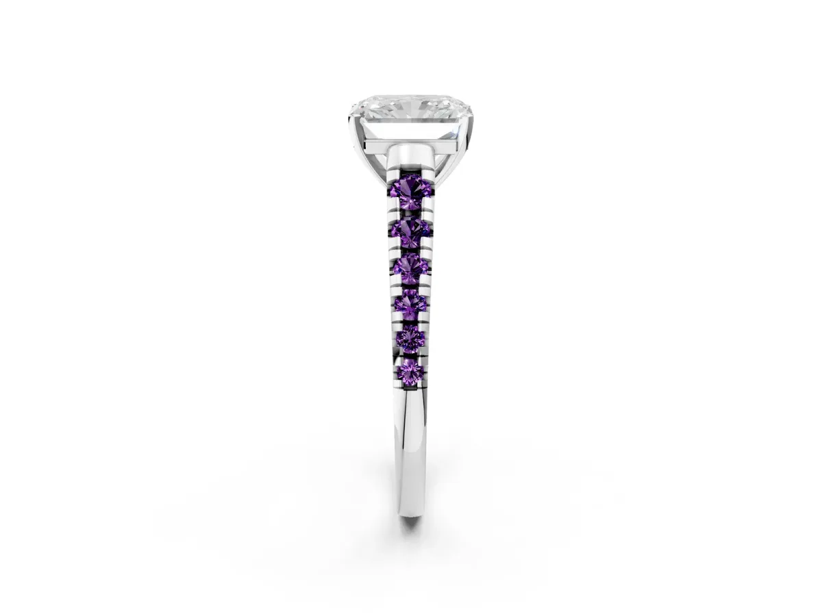 Radiant Cut Diamond Cathedral Solitaire Ring with Round Amethyst Pavé Band Silver