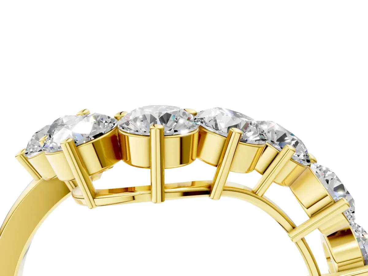 Curved Diamond Cluster Band - Round Stones, Split Shank, Prong Setting Yellow gold