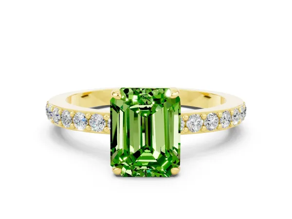 Emerald Cut Peridot Solitaire Engagement Ring with Pavé Band and Four-Prong Setting Yellow gold