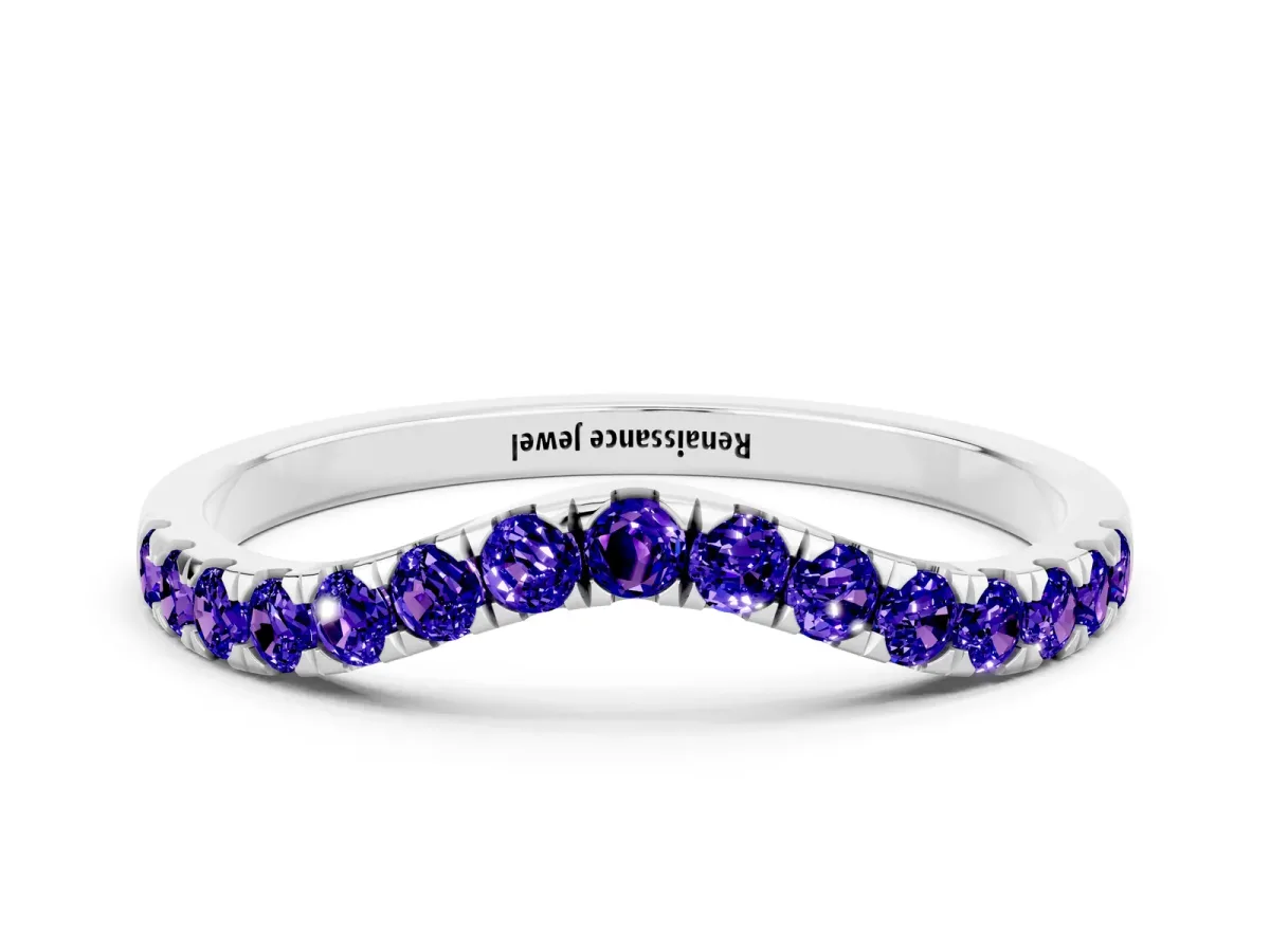 Curved Pavé Round Tanzanite Wedding Band with Shared Prong Setting White gold