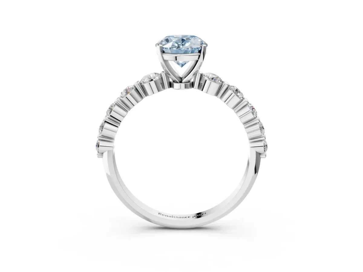 Fancy Blue Oval Cut Solitaire Diamond Ring with Pave Band and Four-Prong Setting Platinum