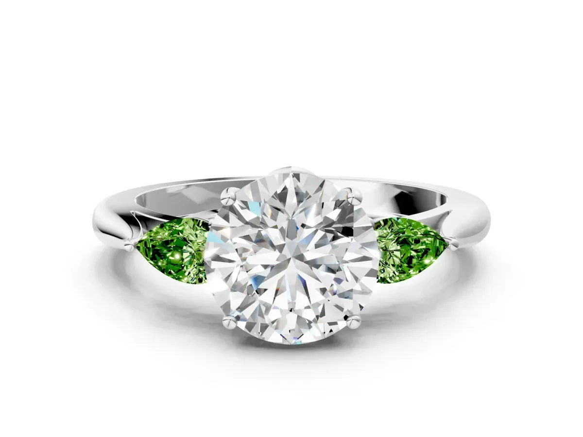 Round Cut Diamond Three-Stone Ring with Pear Peridot Side Stones and Prong Setting Silver