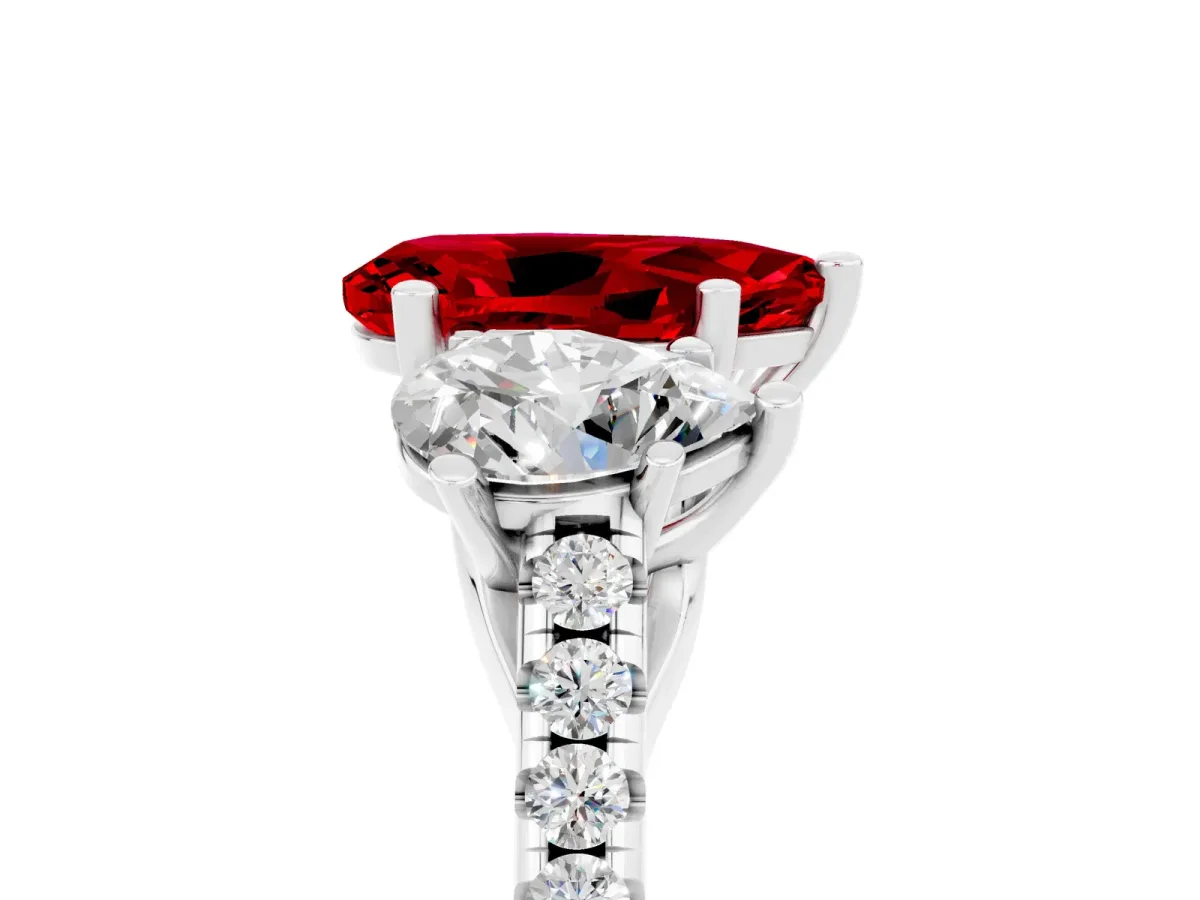 Three-Stone Pear Cut Ruby Ring with Round Pavé Band and Prong Setting Silver