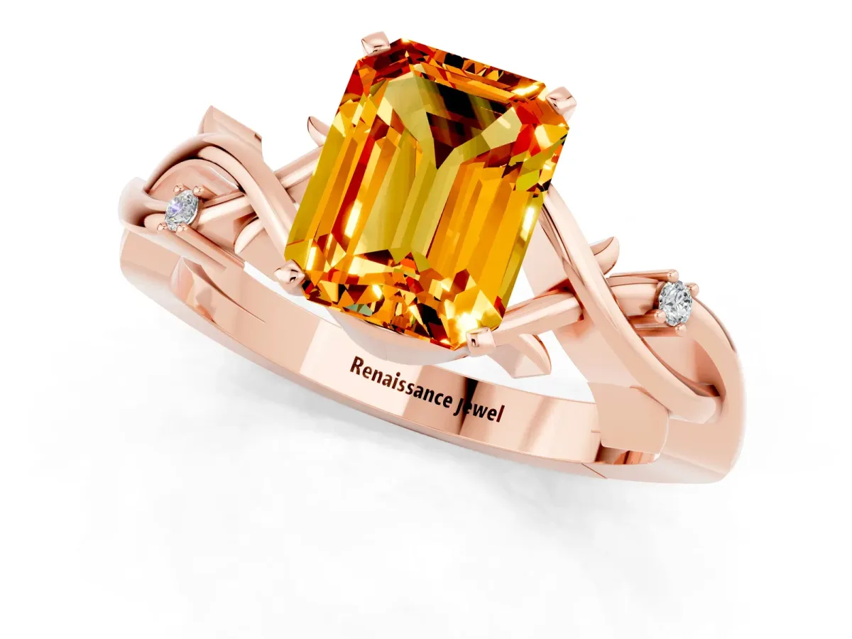 Emerald Cut Citrine Solitaire Ring with Twisted Band and Prong Setting Rose gold
