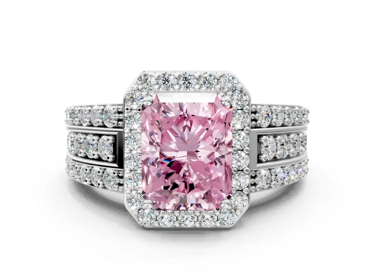 Fancy Pink Radiant Cut Halo Diamond Ring with Round Split Shank and Prong Setting Silver