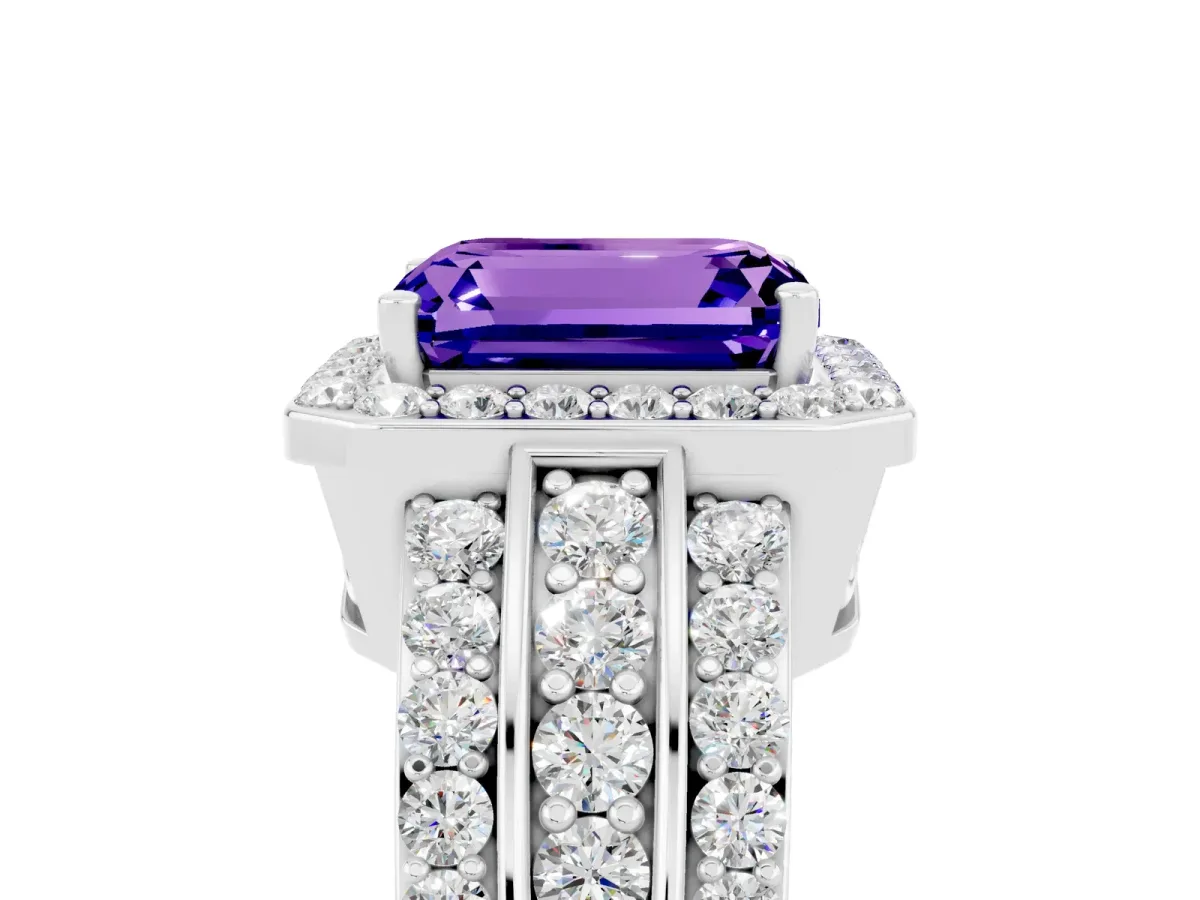 Emerald Cut Halo Tanzanite Ring with Round Split Shank and Prong Setting Silver