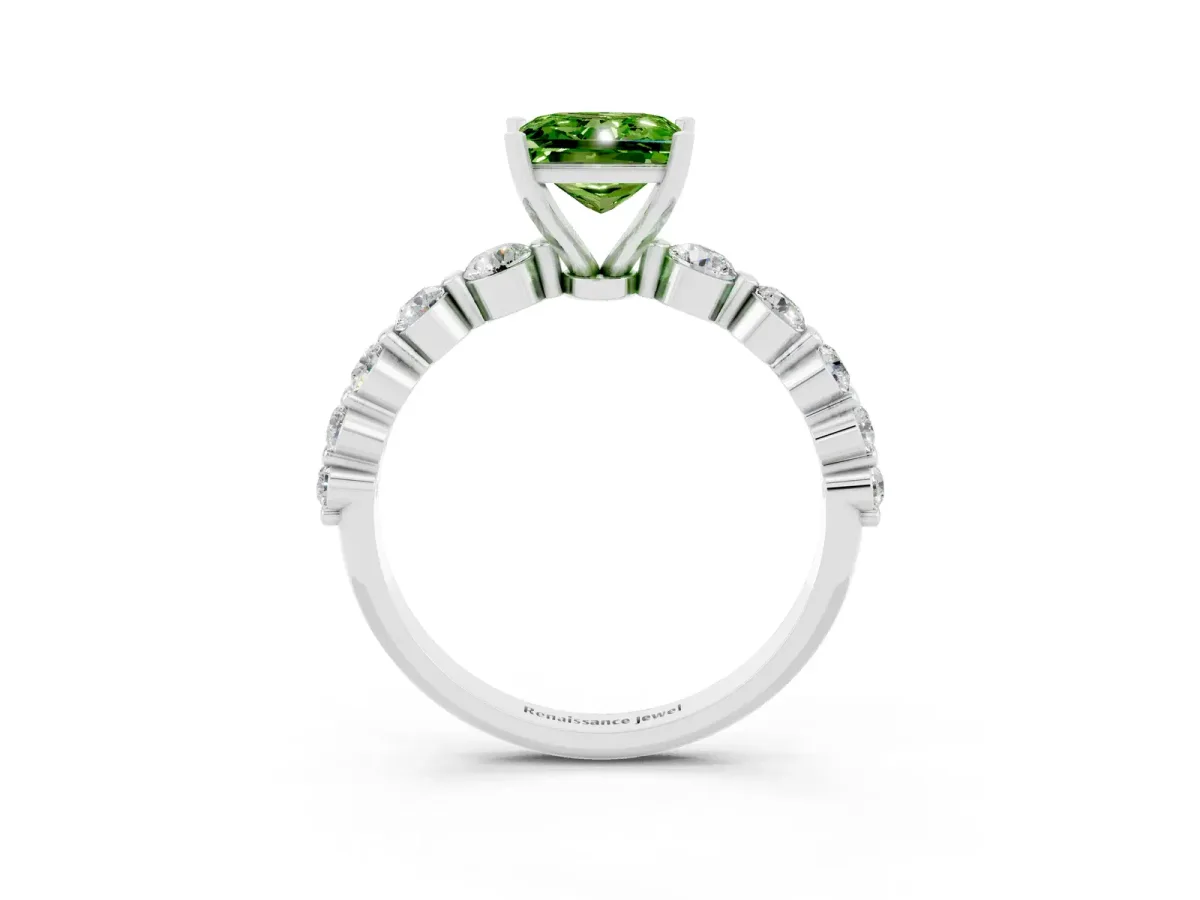 Princess Cut Solitaire Peridot Ring with Pave Band and Four-Prong Setting Platinum