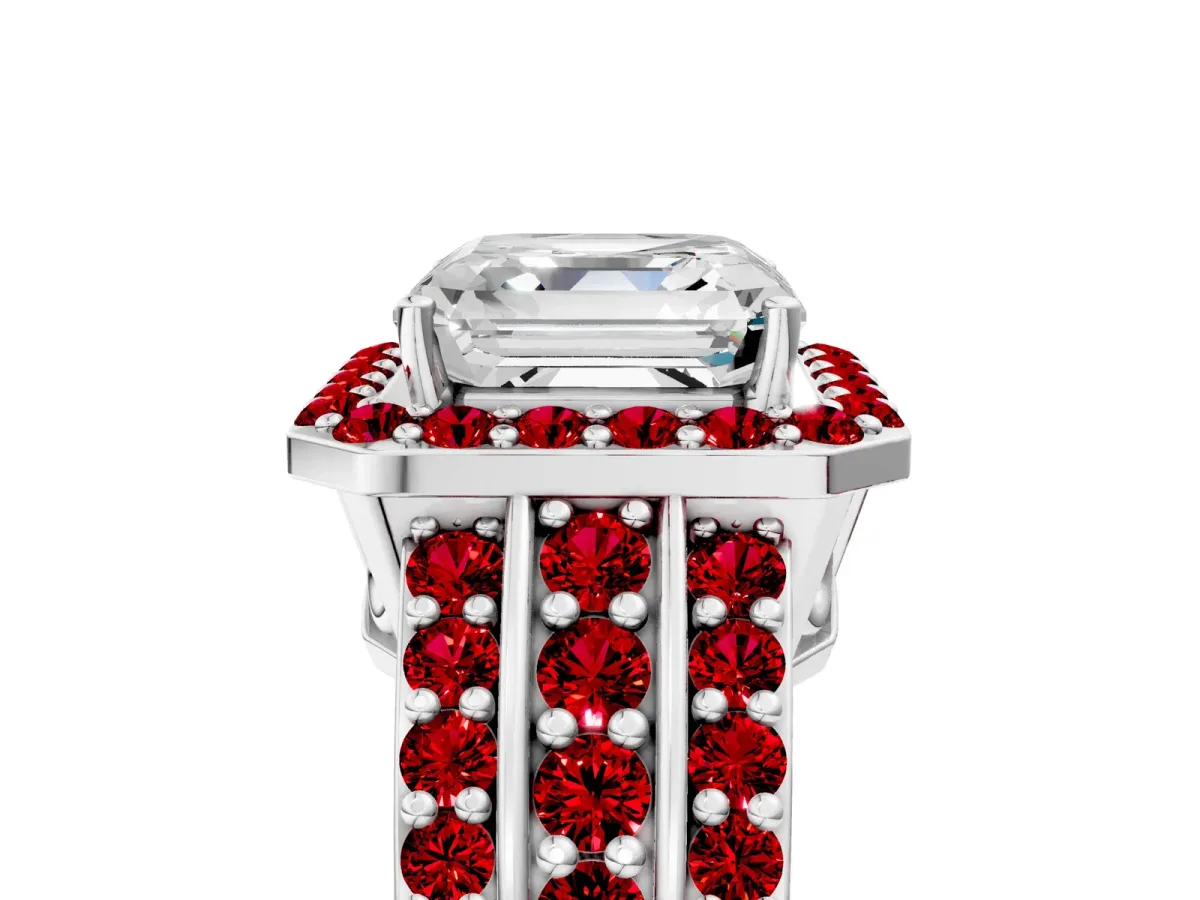 Asscher Cut Halo Diamond Ring with Round Ruby Split Shank and Prong Setting Platinum