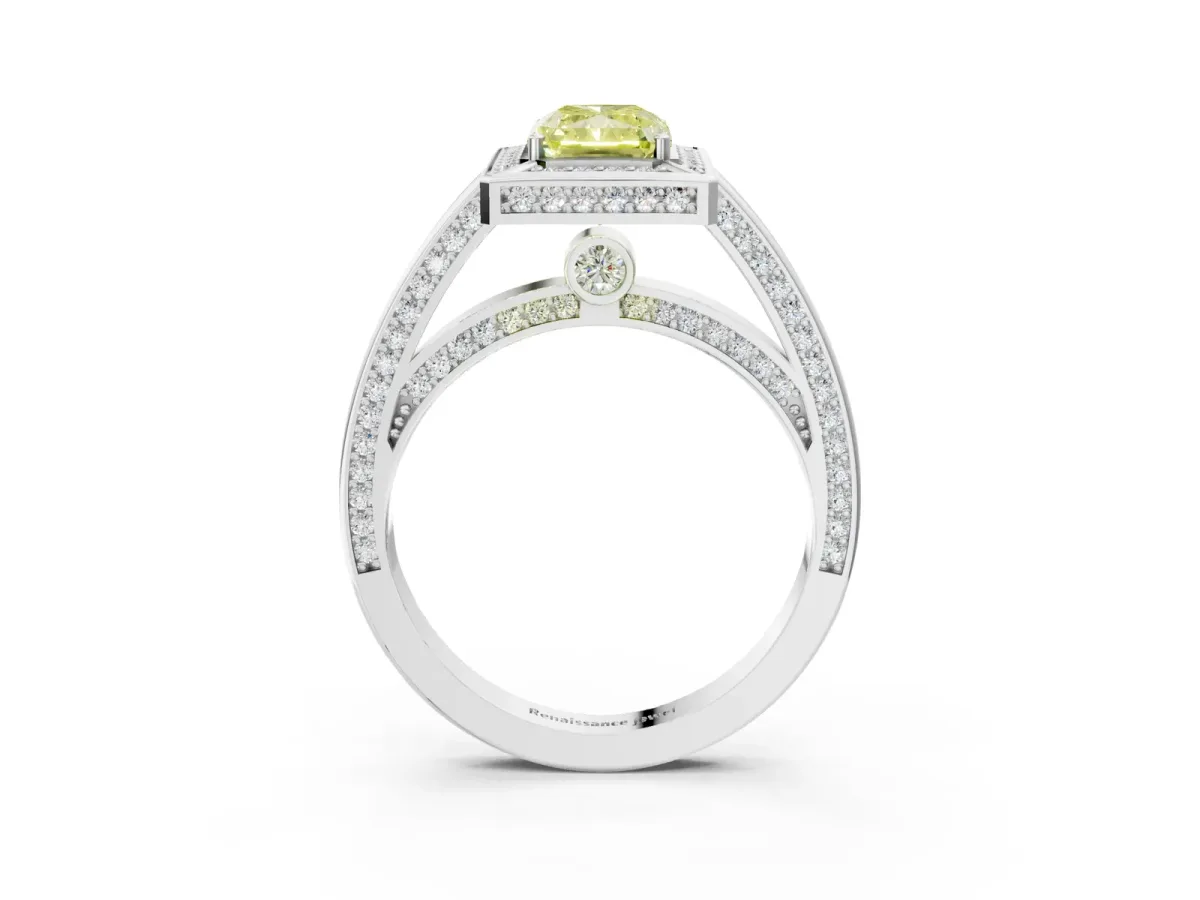 Fancy Yellow Radiant Cut Cut Halo Pave Split Shank Prong Setting Ring Platinum