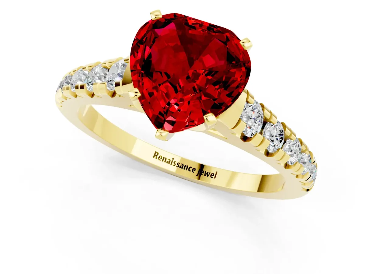 Heart Cut Ruby Cathedral Solitaire Ring with Round Pavé Band Yellow gold