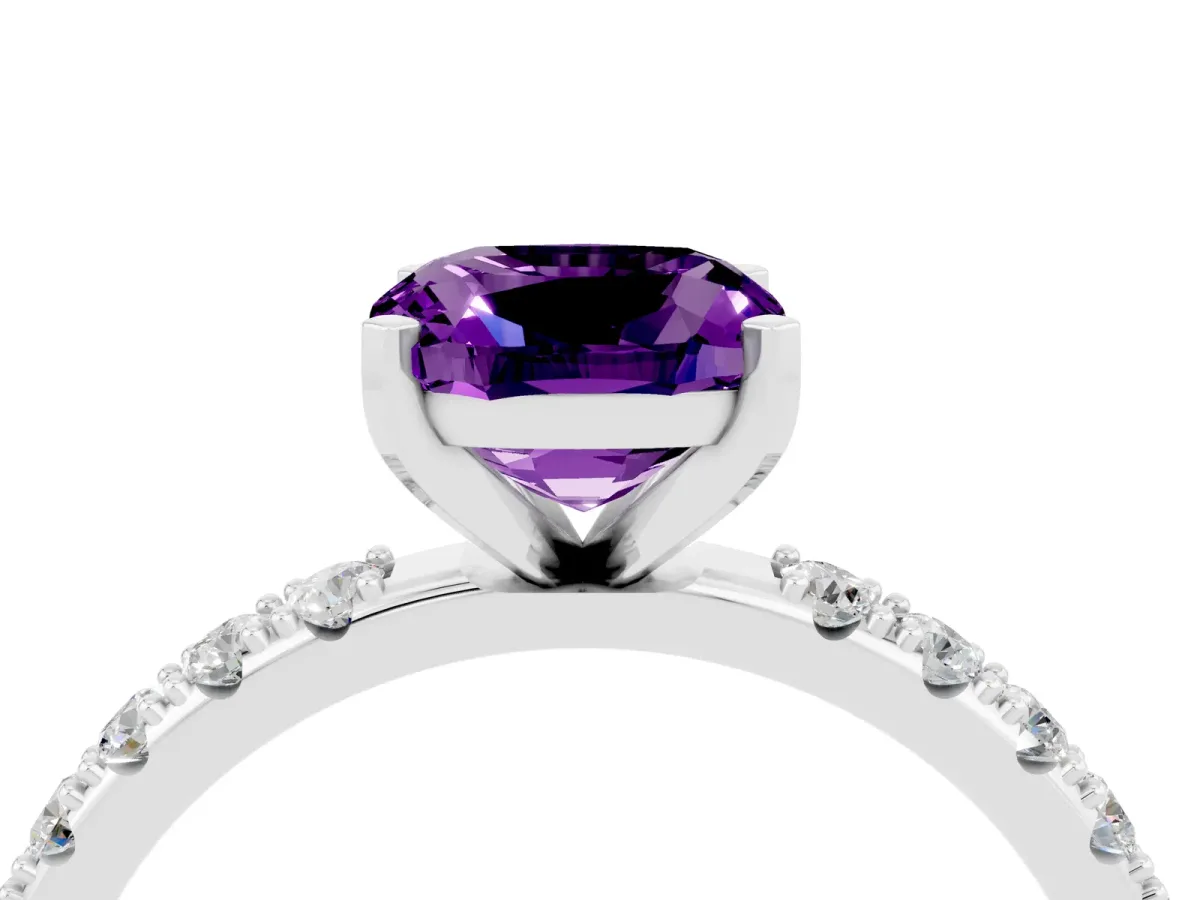 Cushion Cut Amethyst Solitaire Pavé Band with Four-Prong Setting Silver