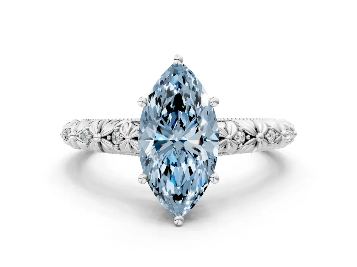 Fancy Blue Marquise Cut Solitaire Floral Milgrain Engagement Ring Silver