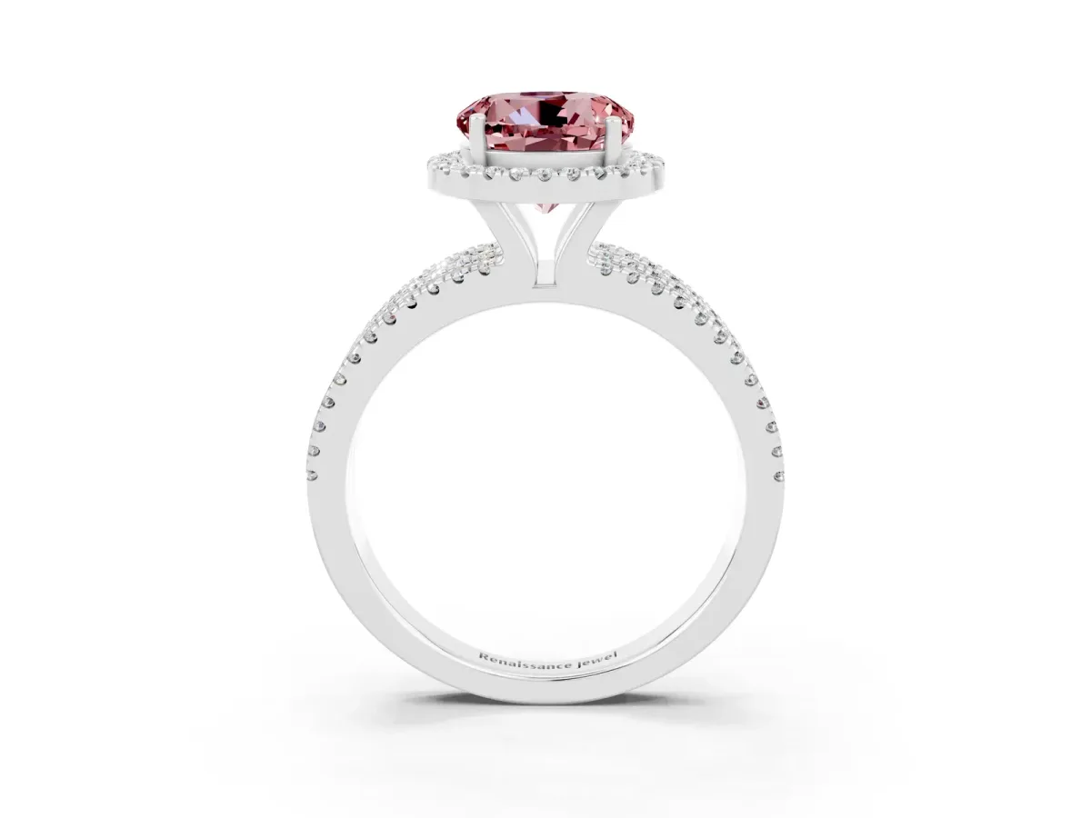 Round Cut Morganite Halo Engagement Ring with Split Shank and Four-Prong Setting Platinum