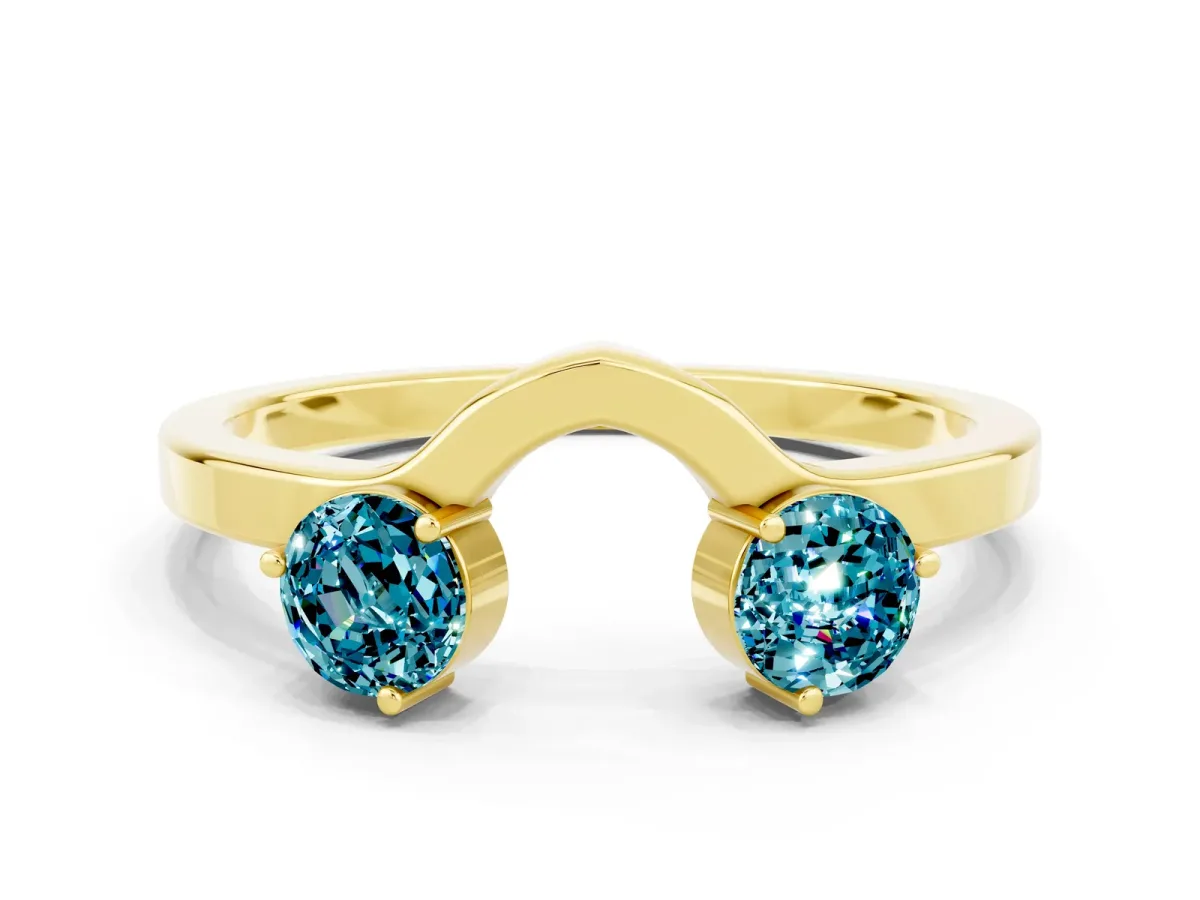 Dual Round Blue Topaz Open Band Ring with Prong Setting Yellow gold