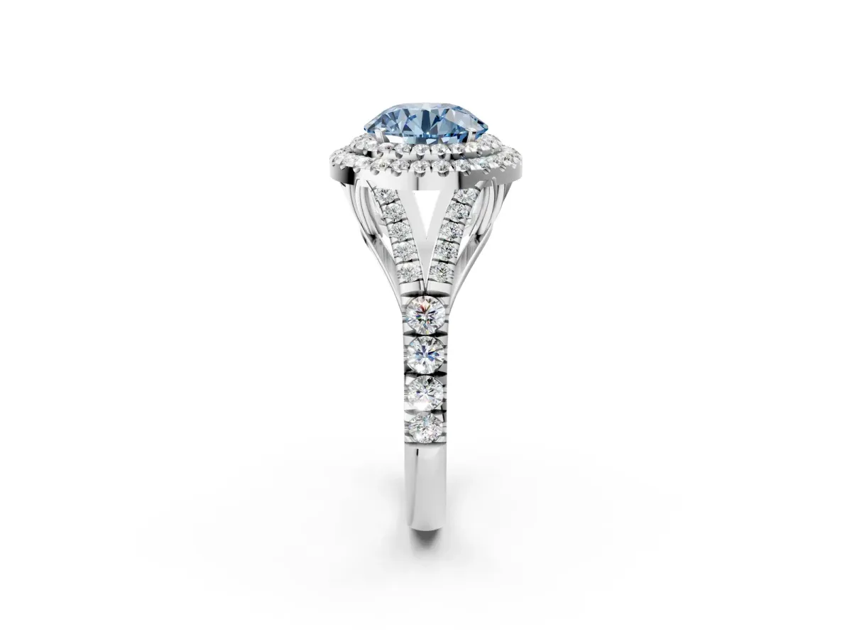 Fancy Blue Double Halo Round Cut Diamond Split Shank Engagement Ring with Four-Prong Setting White gold