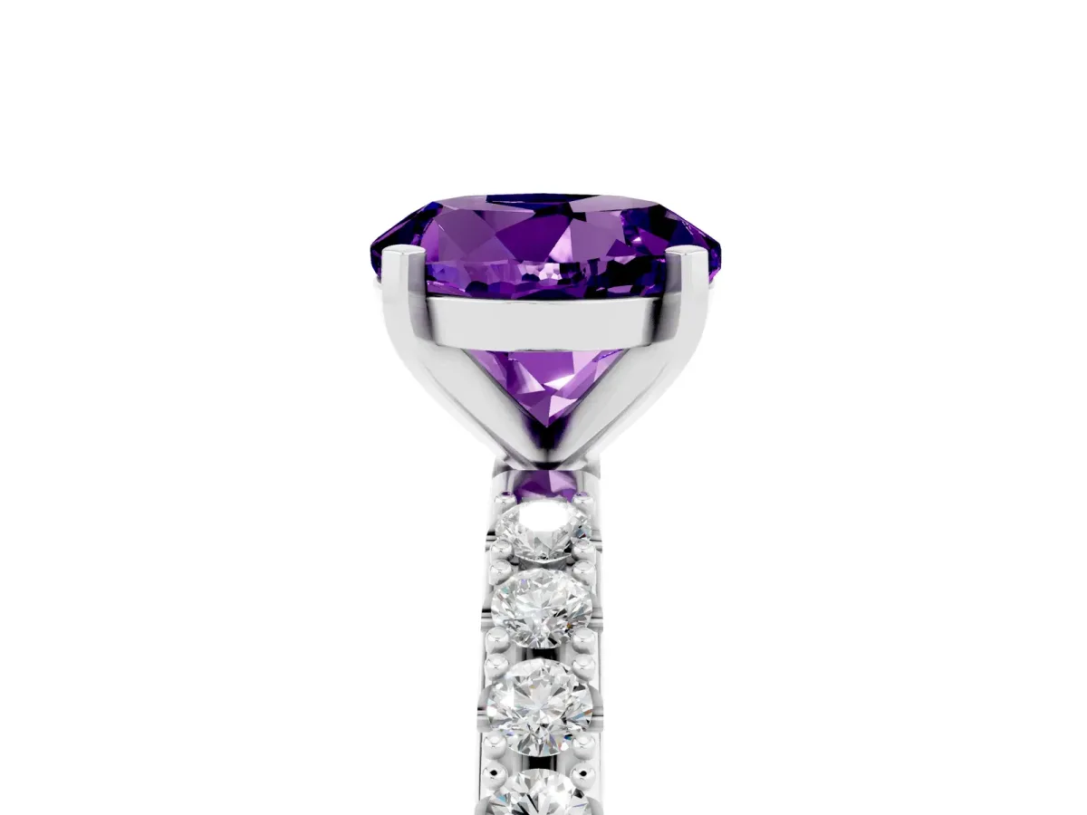 Round Cut Amethyst Solitaire Pavé Band with Four-Prong Setting Platinum