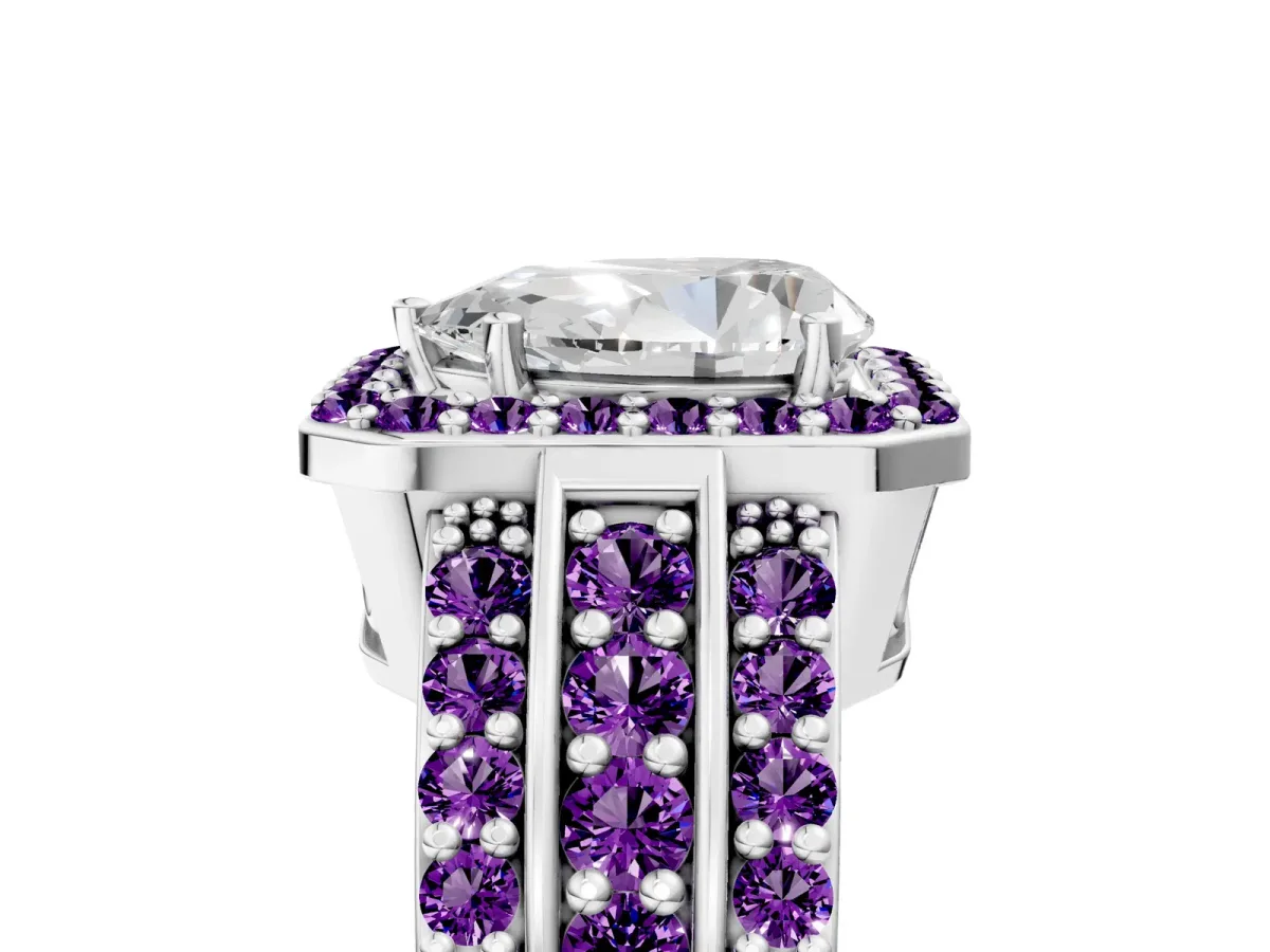 Pear Cut Halo Diamond Ring with Round Amethyst Split Shank and Prong Setting Silver