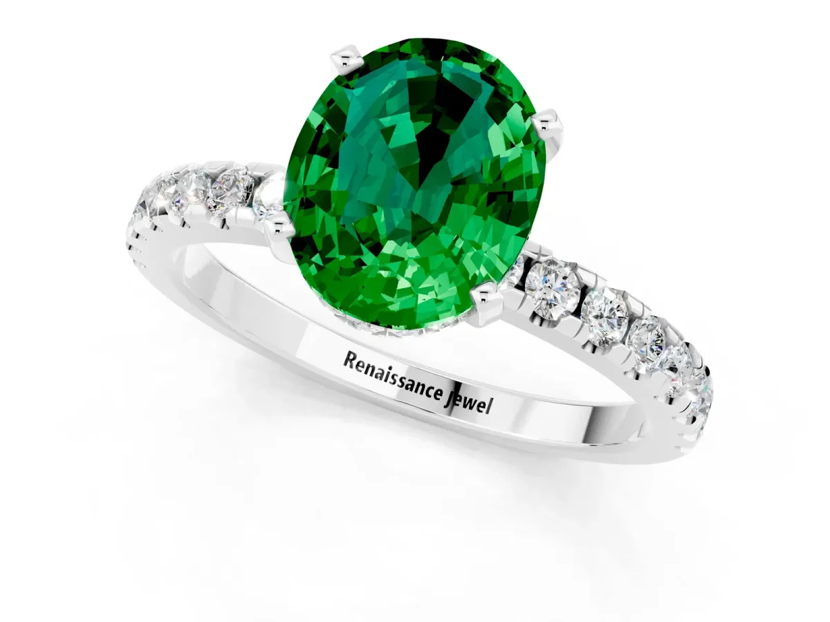 Oval Cut Emerald Solitaire Ring with Round Pavé Band and Four-Prong Setting Silver