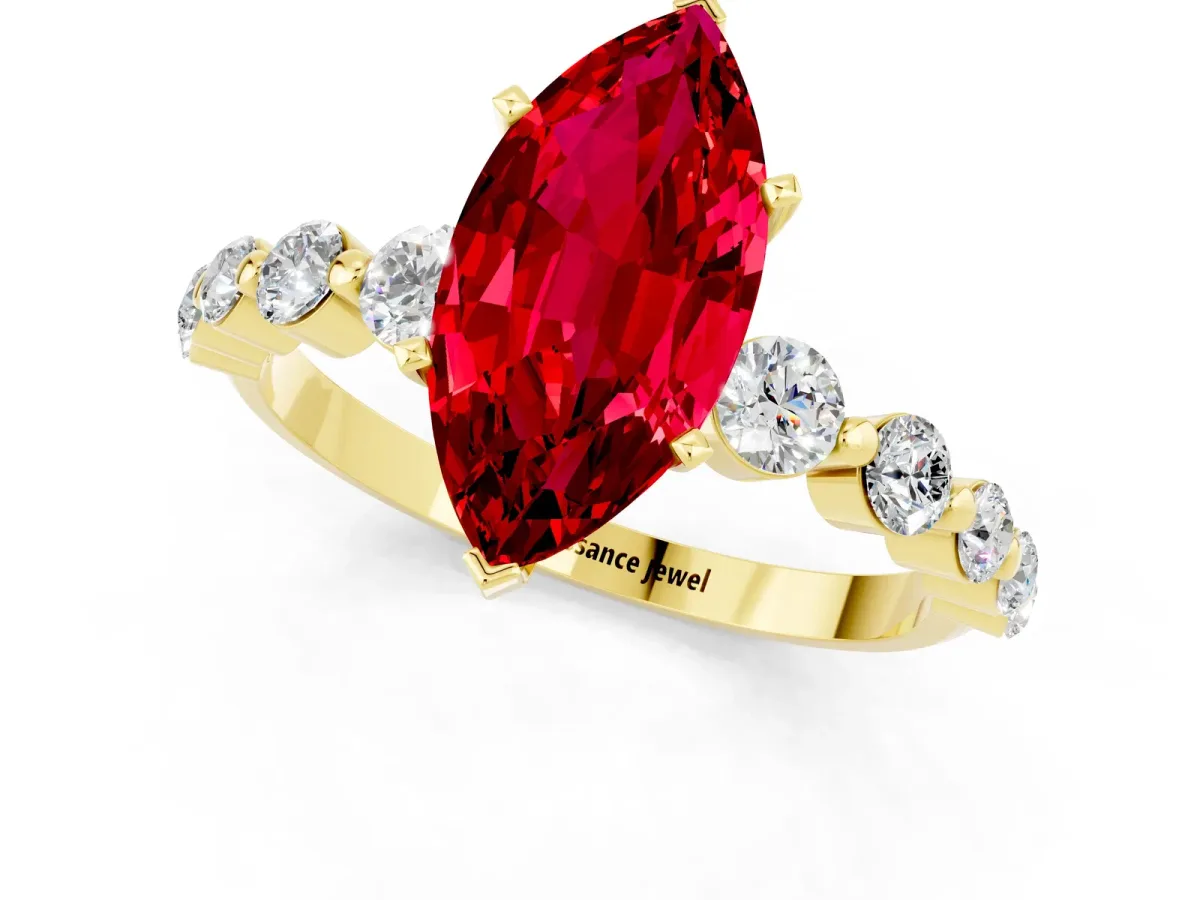 Marquise Cut Solitaire Ruby Ring with Pave Band and Four-Prong Setting Yellow gold