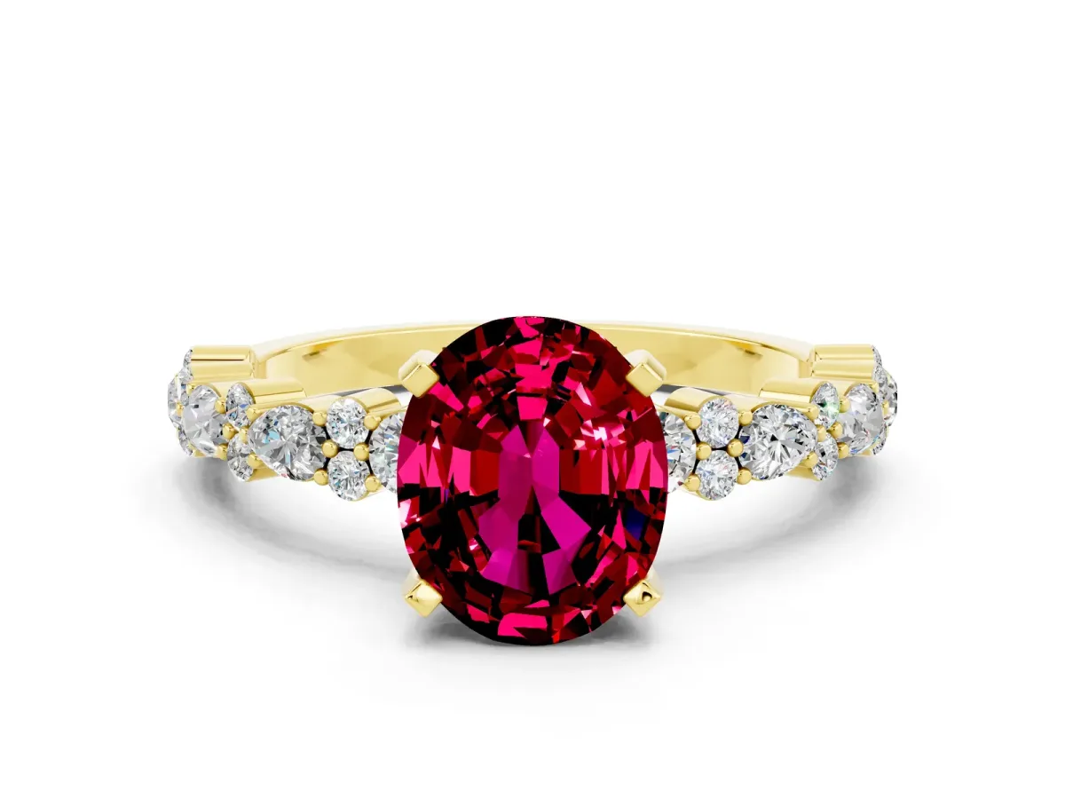Oval Cut Garnet Side Stone Solitaire Ring with Round and Four-Prong Setting Yellow gold