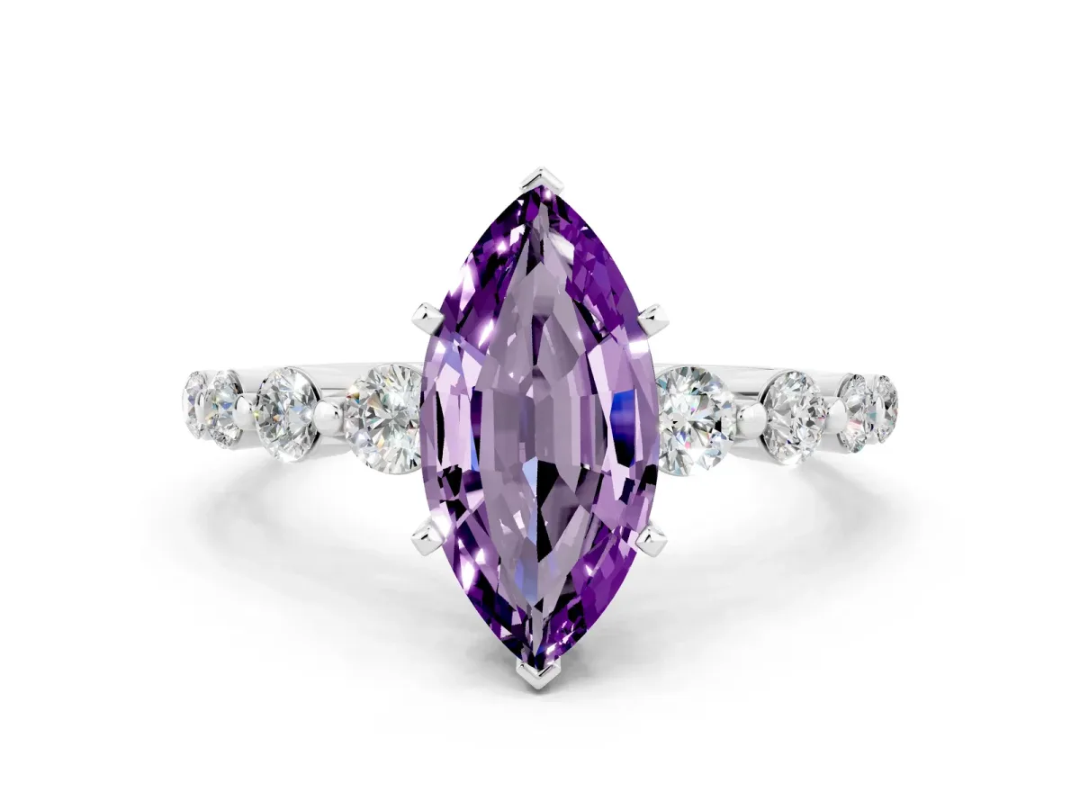 Marquise Cut Solitaire Amethyst Ring with Pave Band and Four-Prong Setting Silver