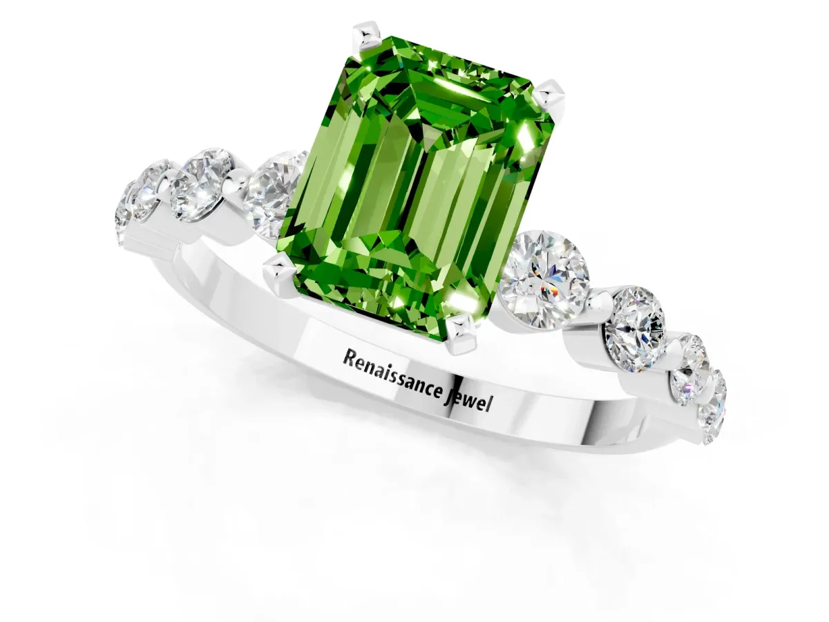 Emerald Cut Solitaire Peridot Ring with Pave Band and Four-Prong Setting Silver