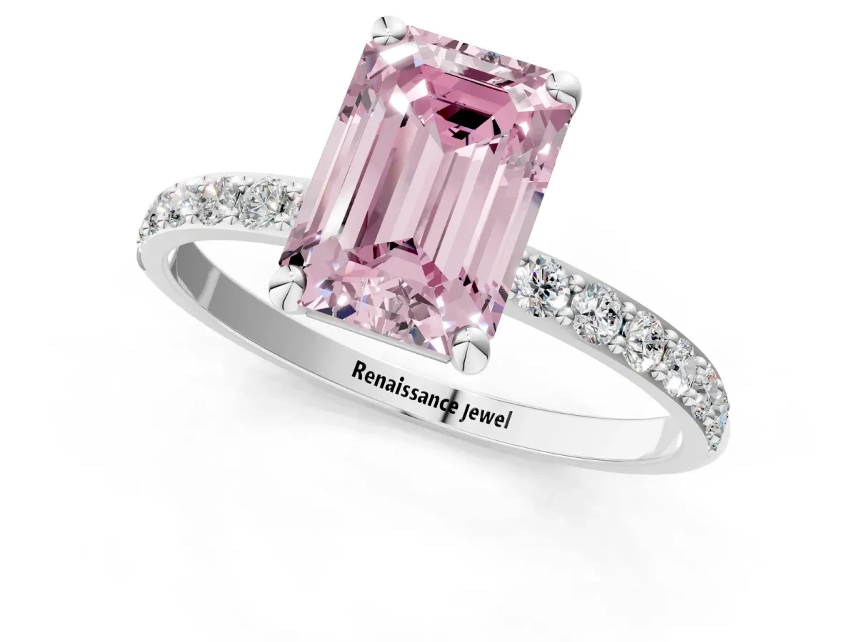 Fancy Pink Emerald Cut Diamond Solitaire Ring with Round Pavé Band and Prong Setting Platinum