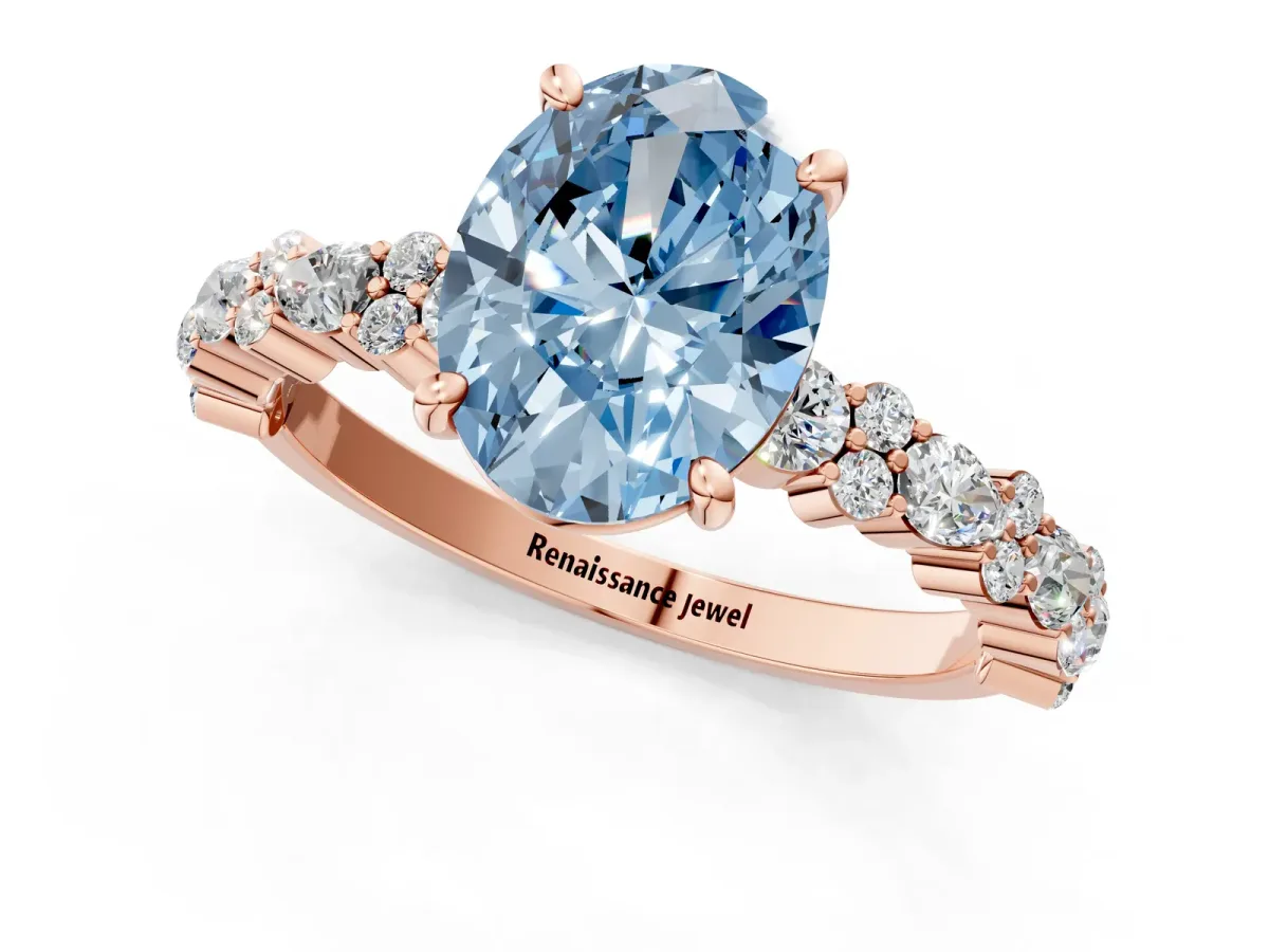 Fancy Blue Oval Cut Diamond Side Stone Solitaire Ring with Round and Four-Prong Setting Rose gold