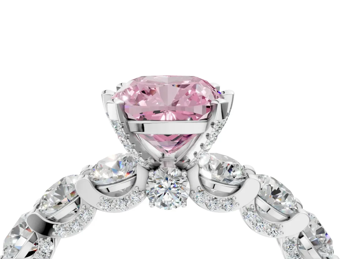 Fancy Pink Cushion Cut Diamond Side Stone Engagement Ring with Four-Prong Setting Silver