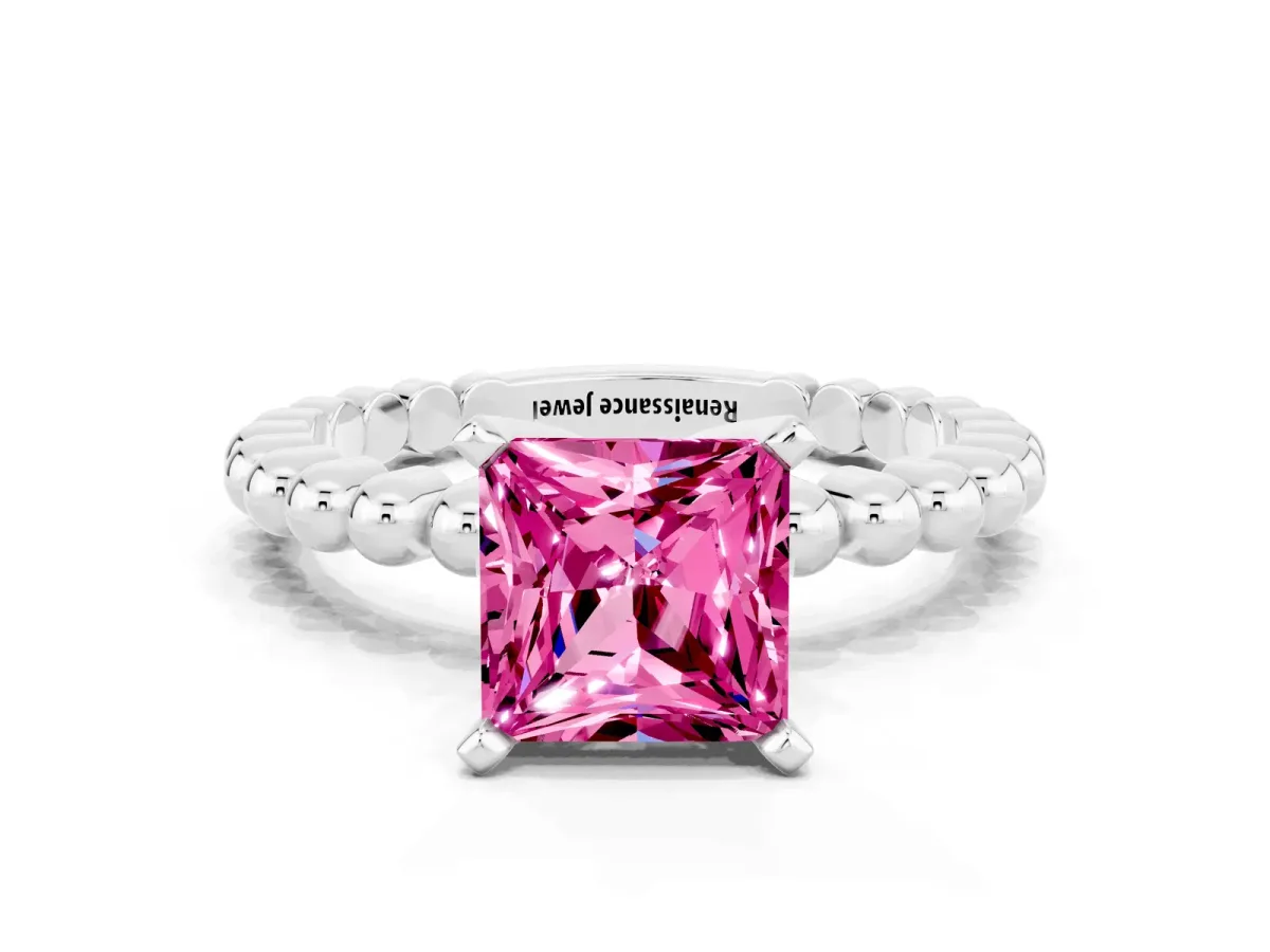 Princess Cut Pink Sapphire Solitaire Ring with Beaded Band and Prong Setting Silver