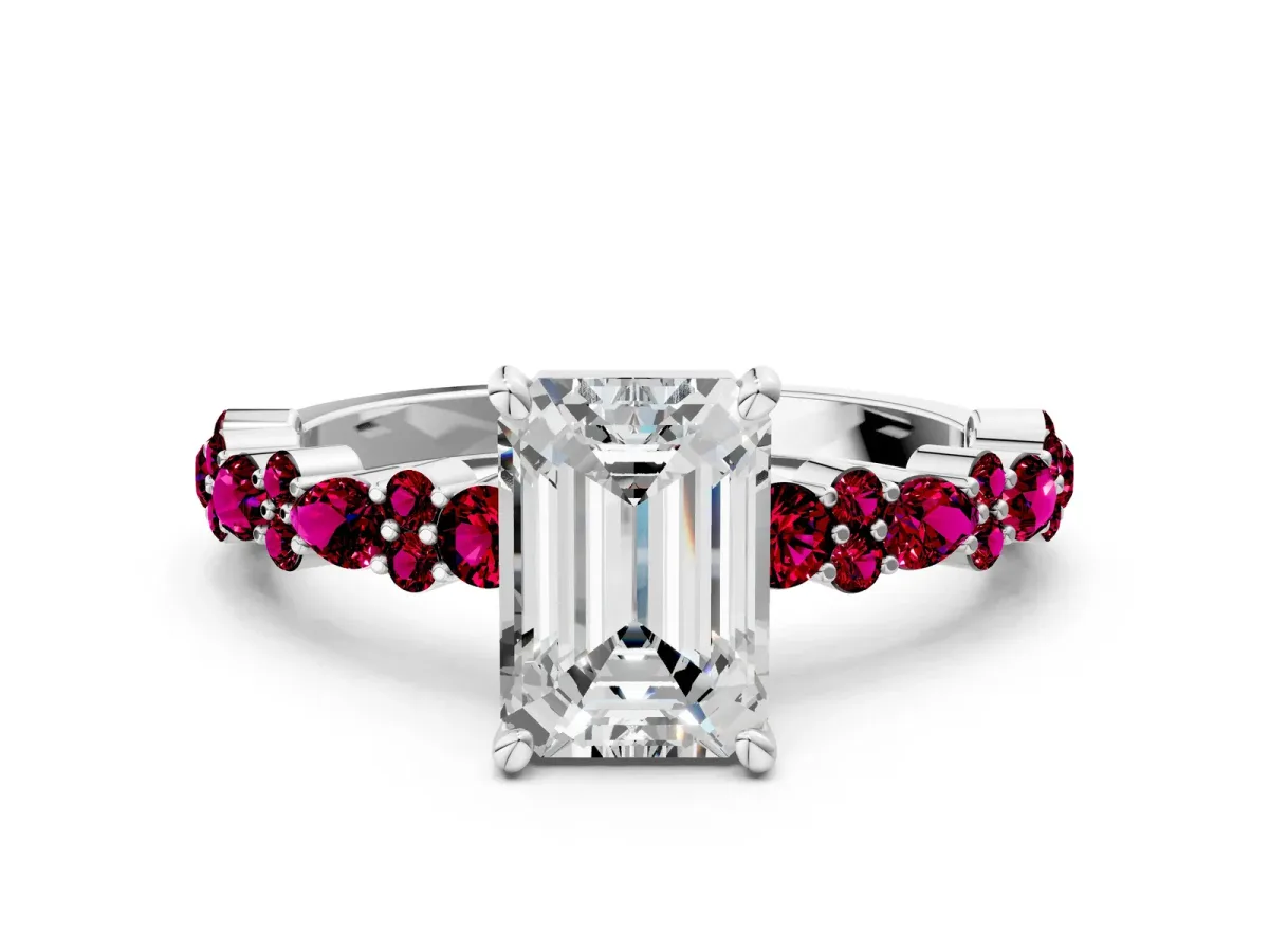 Emerald Cut Diamond Side Stone Solitaire Ring with Round Garnet and Four-Prong Setting White gold