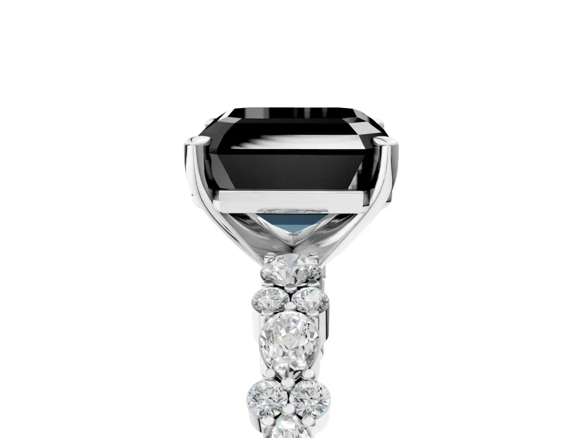 Fancy Black Asscher Cut Diamond Side Stone Solitaire Ring with Round and Four-Prong Setting White gold