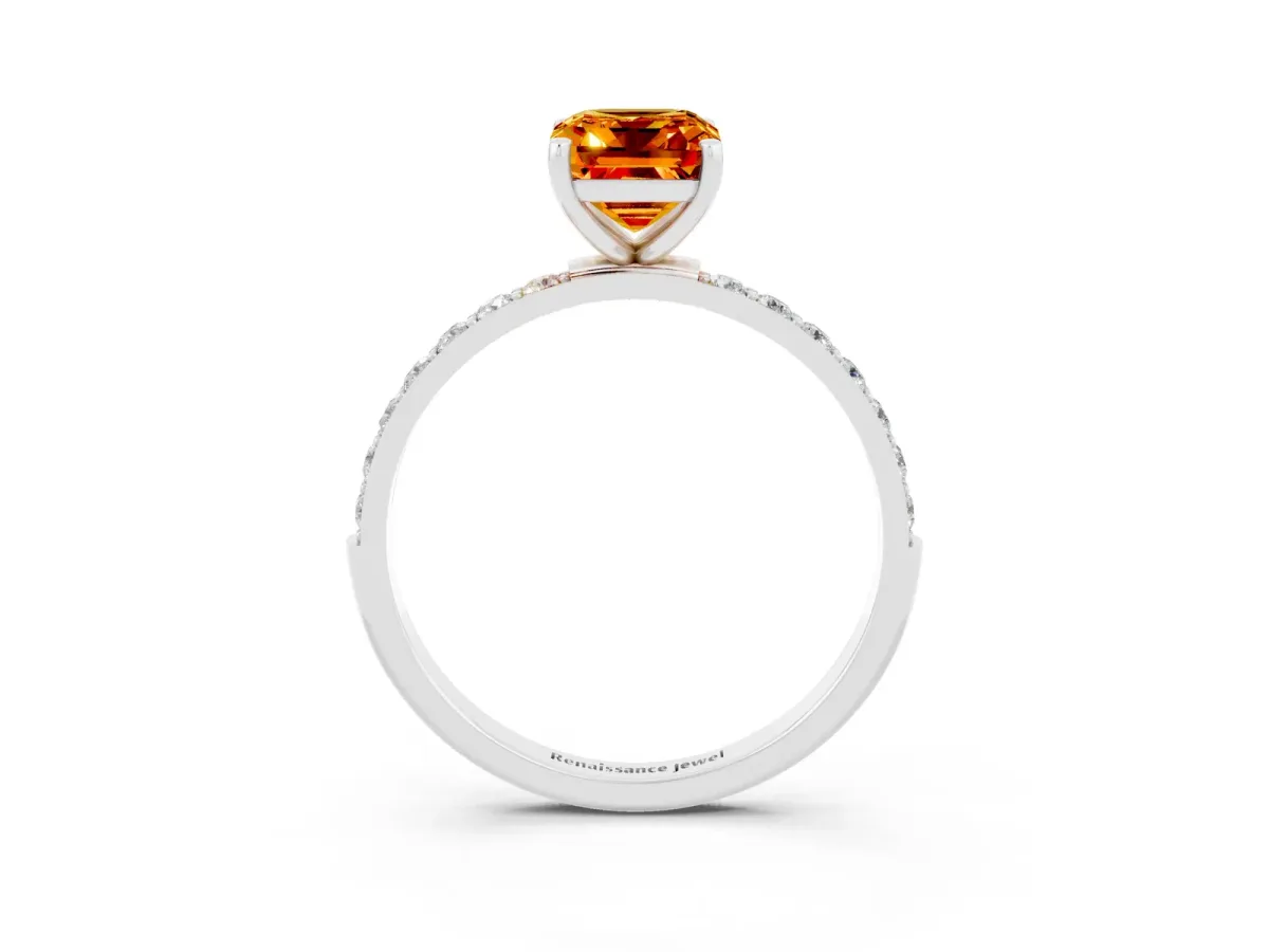 Emerald Cut Citrine Solitaire Ring with Round Pavé Shoulders and Prong Setting Silver