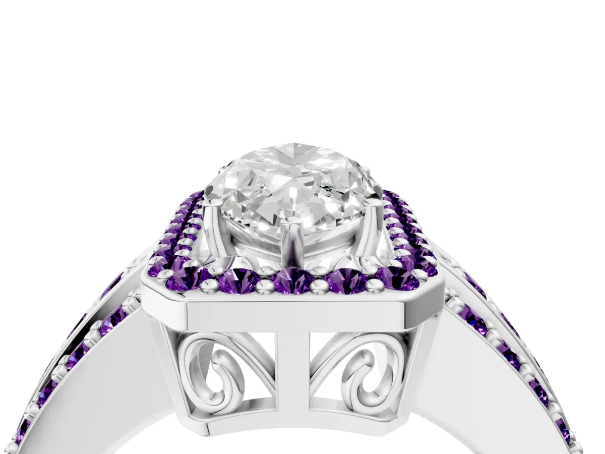 Marquise Cut Halo Diamond Ring with Round Amethyst Split Shank and Prong Setting Silver