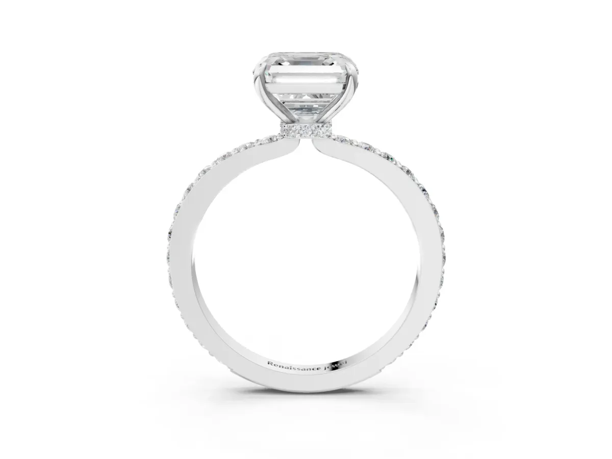 Asscher Cut Diamond Solitaire Engagement Ring with Pavé Band and Four-Prong Setting Silver