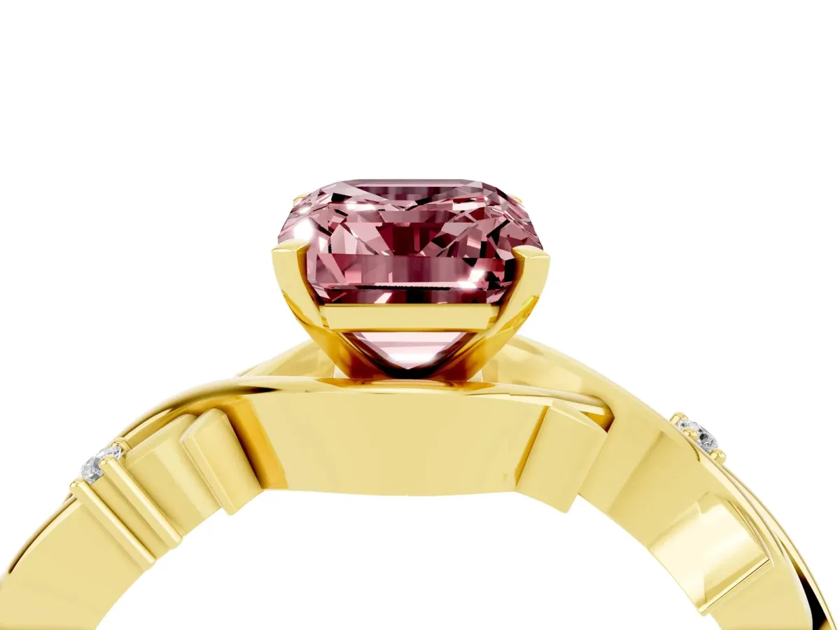 Emerald Cut Morganite Solitaire Ring with Twisted Band and Prong Setting Yellow gold