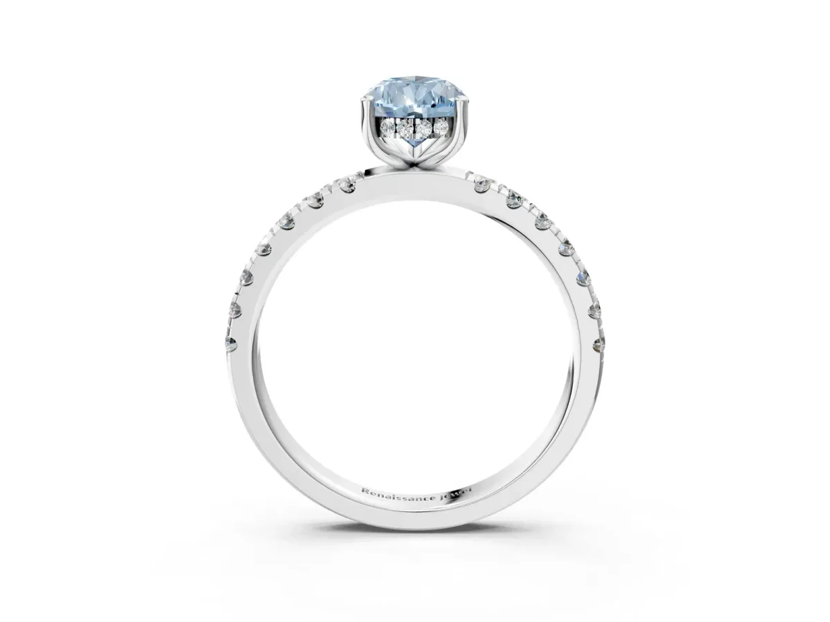 Fancy Blue Pear Cut Diamond Pave Band Solitaire Ring with Round and Prong Setting Platinum